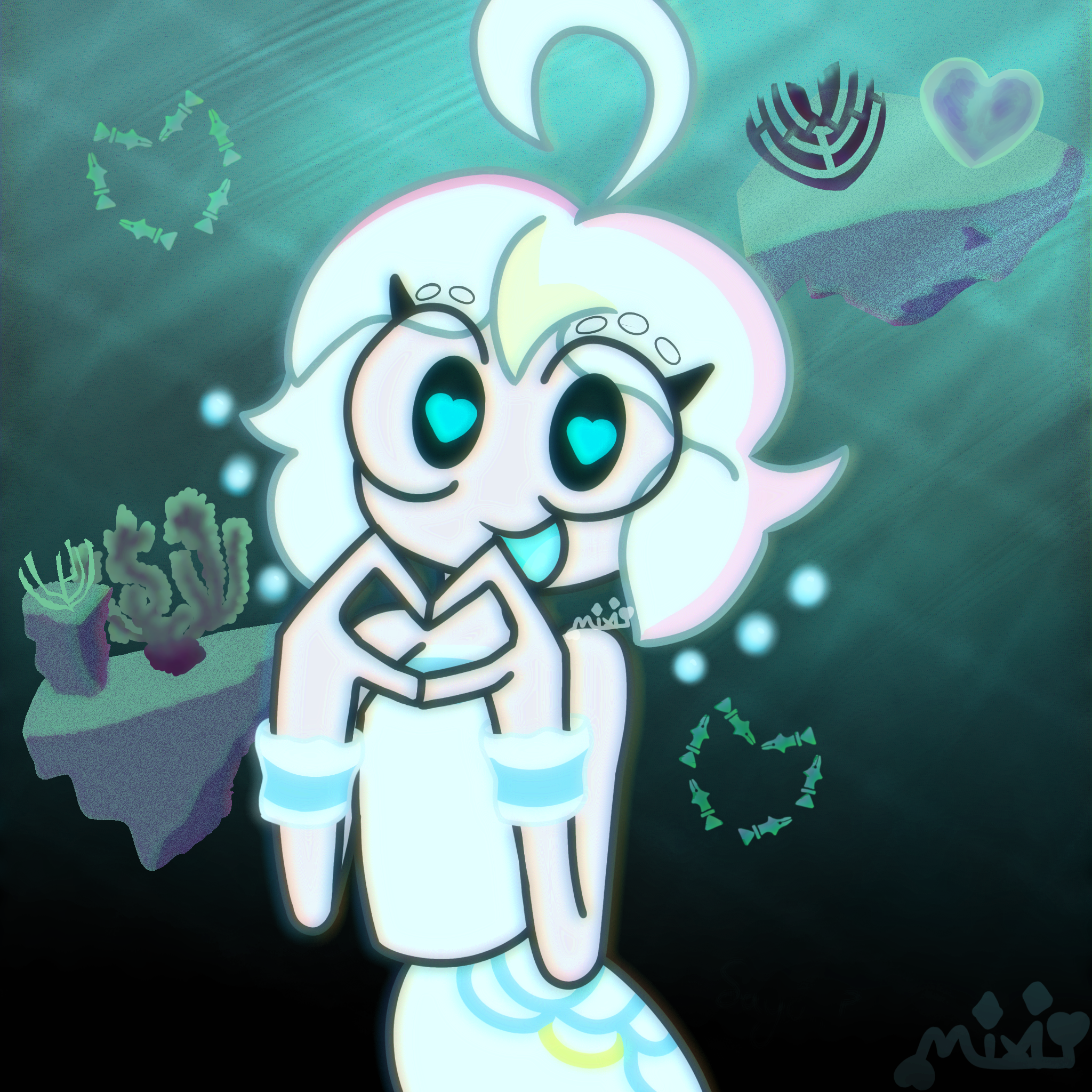Setting: Underwater, dark aquamarine color with floating chunks of rocks with vegetation. In front is Sayu (NSR), a character, smiling to the viewer with her hands together to form a heart.